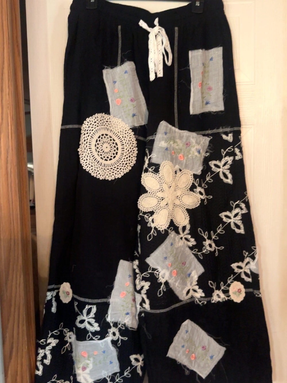 Bohemian Black Patchwork pants with Crochet Detail